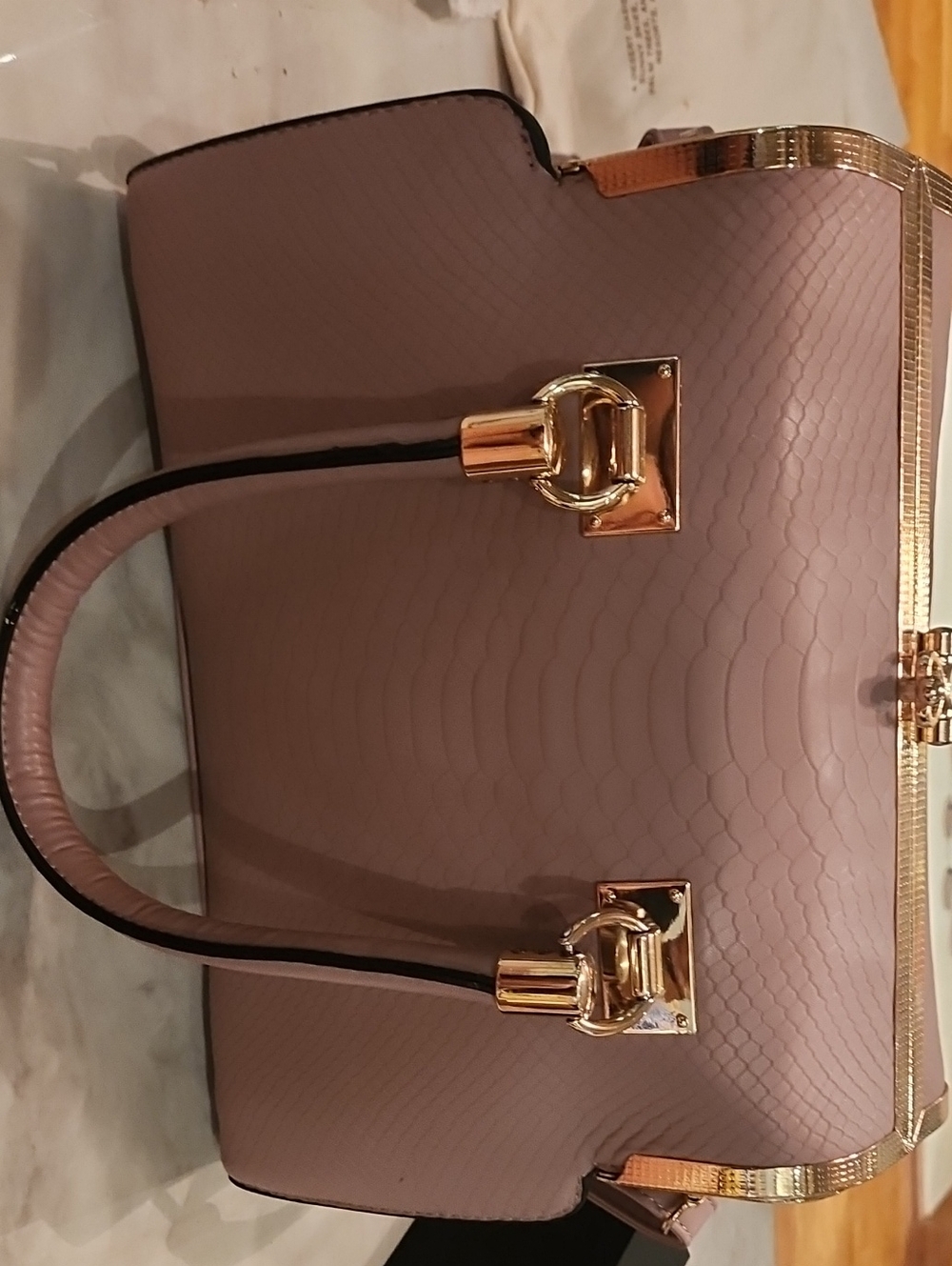Elegant Taupe Women's Satchel Handbag with Gold Hardware